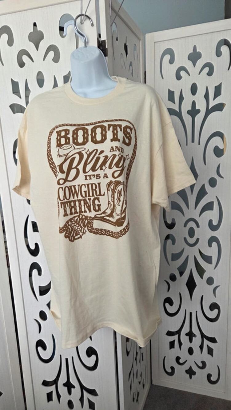 Fashion Nova Boots and Bling It's A Cowgirl Thing  Large Tee Off White NWOT